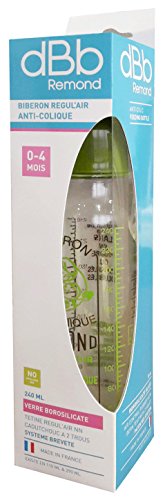 dBb Remond Régul'Air Biberon en Verre avec Tétine NN en Caoutchouc sous Boîte Vert Motif Vintage 240 ml