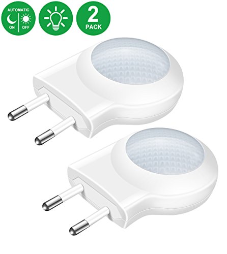 Minger 0,7 W Mini LED-Schlummerlicht mit flexiblem-Lichtsensor, EU-Fassung Nachtlicht mit automatischem Sensor, Wandleuchte für Keller, Kinderzimmer, Babyzimmer, weiß, 2 Stück