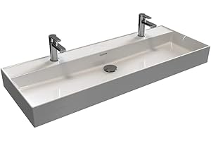 ‎AQUA BAGNO Aqua Bagno | Doppelwaschbecken weiß, Loft Air Design, Modernes Keramik Waschbecken, Waschtisch eckig | 121 x 46 cm