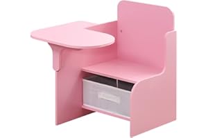 NICEME Kids Chair Desk with Storage Basket, Kids Chair with Table Attached, Children Deskchair Small Training Chair with Writing Pad for Home Classroom (Pink) (‎001)