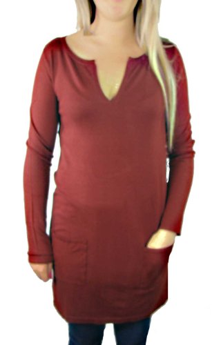 Ladies Long Fine Knit Jumper Dress in Camel Beige or Wine Red (8 - 10, wine red/brown)