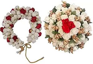 Maahal? Hair Bun Mogra Gajra & Full juda Bun Hair accessories for Women & Girls (White & Red) Pack-02