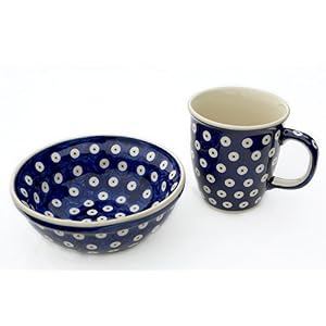 Bunzlauer Keramik Manufaktura Hand-Decorated Polish Pottery Manu Faktura Set K 081 M 220 ml [089 Mars with Cereal Bowl Mug, Bowl, Cobalt Blue, 15 cm, 2 Units
