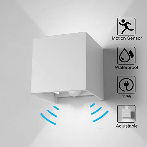 Preisvergleich Produktbild Wandleuchte Bewegungsmelder Aussen / Bewegungsmelder Innen LED Wandlampe, 12W Kaltweiss Licht Wasserdicht Verstellbare Aussenlampe, Wandleuchte Sensor für Garten / Flur / Weg Veranda Hell-Weiß (Weiß)