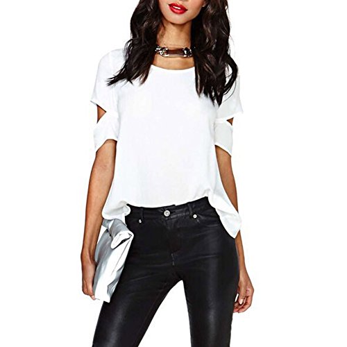 TopTie Women's Short Sleeve Chiffon Top Cross Open Back Loose Blouse - White,L