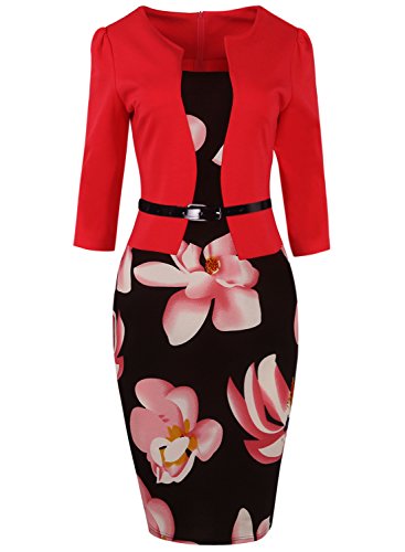 MisShow Robe de Cocktail Bal Mi Longue Manche Longue Style Vintage Rétro Stretch Moulante Crayon Robe Femme Chic Rouge 2XL