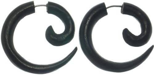 Wooden Spiral earrings fake plugs stretchers tapers with silver wire dark brown 1 Pair
