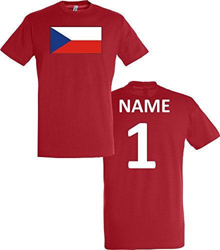 Uni T-Shirt Tschechien Czech Republic Ländershirt mit Wunschnamen und Nummer, Farbe rot, Größe L
