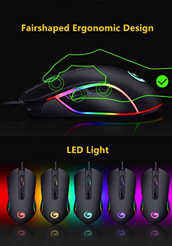 AhaSky Raton Gaming  Raton USB 4800DPI  6 Programable Botones  4 Modos de LED luz para Gamer de Alta Precisi  n con Niveles 6 DPI Ajustable  Raton Ordenador Portatil  Compatible con Windows 7  8  10 Windows XP  Vista  ME  2000 y Mac OS