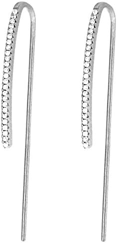 White Gold Plated 925 Sterling Silver Clear Inline Rhinestones Crooked Vertical Fish Hook Earrings for Pierced Ears in Box - High Quality