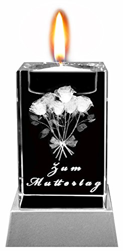 Kaltner Präsente Stimmungslicht - Das perfekte Muttertagsgeschenk: LED Kerze / Kristall Glasblock / 3D-Laser-Gravur Teelichthalter Blumen Zum Muttertag