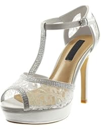 Angkorly Zapatillas Moda Tacón escarpín Sandalias Stiletto Correa Peep-Toe Mujer Strass Encaje Tacón de Aguja Alto 11.5 cm