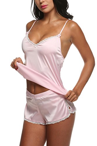 Ekouaer Träger Nachthemd Kurz Nachtwäsche Schlafanzüge Sexy Damen Negligee Wäsche set aus Satin Pyjama - 4