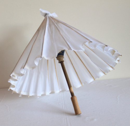 Sonnenschirm 006, Dekoschirm aus Kunstfaser, wasserfest in weiss aus Bambus mit Holzgriff - 3