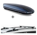 PERFEKT ABGESTIMMT - Das Set besteht aus einer Dachbox in schwarz (580 Liter) mit den Außenmaßen: 225 x 90 x 34 cm (L x B x H), sowie einem Relingträger passend für Ihr Fahrzeug.