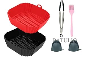 PATULIO 2 PCS Square Silicone Air Fryer Liners with 1 Pair of Oven Mitts, 1 Basting Brush and a 1 Tongs, Reusable Silicone Molds Air Fryer Accessories, Oil Brush, Replacement of Parchment Paper...