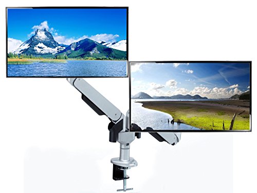 Allcam GSD240D Gas Spring Twin Monitor Stand with Arm Extensions, Desk Clamp and Grommet Silver for 2 LCD