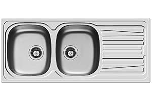 Pyramis Lavello 116x50 in Acciaio Inox lavandino 2 vasche Sinistra con gocciolatoio lavabo + PILETTA 3,5''