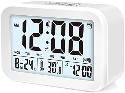 Alarm Clock, VOCC LED Light Alarm Clock Battery Powered Smart Talking Alarm Clock with 3 Alarm Modes, 7 Sounds, Smart Luminescence &amp; Snooze Function &amp; Date Display &amp; Temperature &amp; Weekdays for Adults (White)