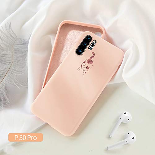 Preisvergleich Produktbild SOOCX Huawei P30 Handyhülle Flüssiges Silikon P30 Pro Cartoon Süße Katze Ultradünne Schutzhülle P30 All-Inclusive-Fall Soft Case Lanyard New Tide Marke Männer und Frauen Anti-Oxidation Anti-Scratch