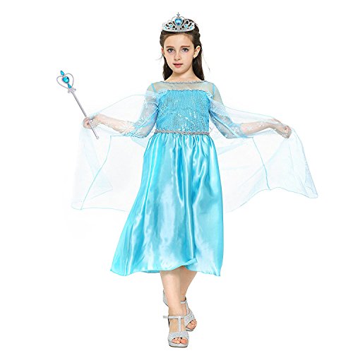 Vicloon Prinzessin Kostüm Mädchen, Eiskönigin ELSA Kleid Blau mit Diademe & Zauberstab, für Weihnachten Karneval Party Halloween Fest, 2-3 Jahre Size 100cm Blau - 7