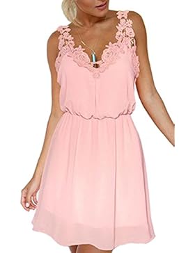 ECOWISH Damen V-Ausschnitt Chiffonkleid Sommerkleid Strandkleid Beiläufig ärmellos Minikleid