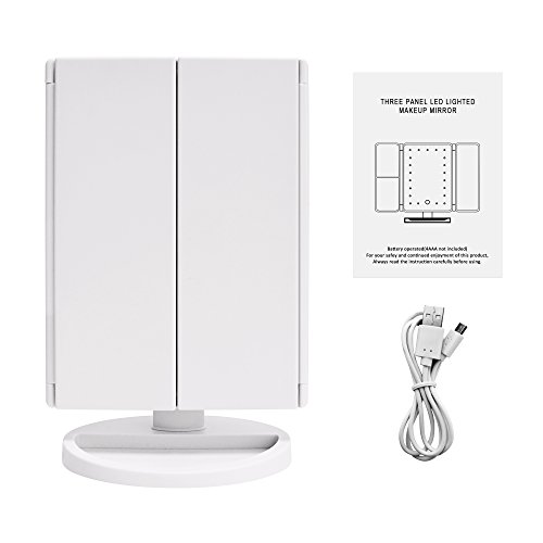 Dimmbare Tri-Fold Make-up-Spiegel mit 21 LED-Leuchten 180° frei drehbare Arbeitsplatte 1X & 2X & 3X Vergrößerungs-Kosmetikspiegel für Travel Home Badezimmer USB-oder batteriebetrieben(Weiß) - 7