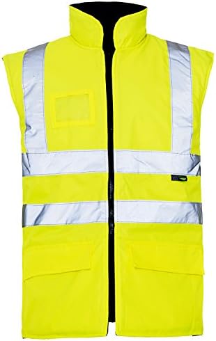 Mens Hi Viz Reversible Fleece Lined Bodywarmer Waistcoat Gilet Vis Visibility Workwear Building Roadworks Walking Cycling Safety Uniforms Rail Recovery Auto Repair Garage Warm Railway Reflective