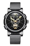 BesTn Mens Black Quartz Wrist Watches Waterproof Analogue Skull Cool Watch Reticulated Mesh Band Fashion Luxury Stylish Casual Style