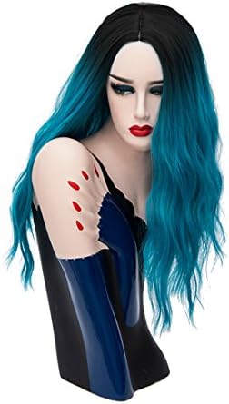 Priomix Synthetic 45CM Long Wavy Natural Black Roots Ombre Christmas Daily Anime Cosplay Wigs for Women +Free Wig Cap (Ombre Lake Blue)