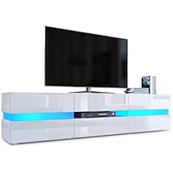 Vladon Meuble TV Armoire Basse Flow, Corps en Blanc Haute Brillance/Façades en Blanc laqué Haute Brillance avec éclairage LED
