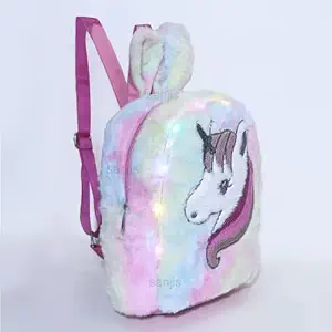 Sanjis Enterprise LED Light Plush Cute Unicorn Furry Rainbow Soft Bag for Kids |Travel Bag |Shoulder Bag |Picnic Bag| Sequence Bag (Random Prints)