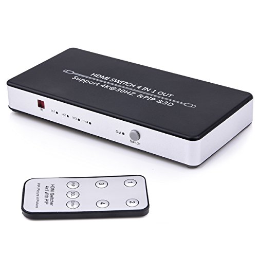 Wrcibo HDMI Switch 4x1 (4 entradas 1 salida) Inteligente Mini HDMI Splitter Conmutador Switcher para TV Computers Blu-Ray PS3 PS4 Xbox etc. Soporte PIP 3D Audio HD y hasta 4K con IR Remoto