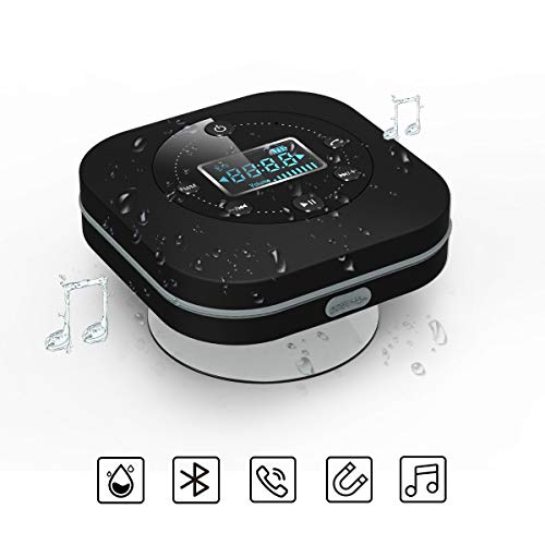 Preisvergleich Produktbild Wasserdichter Mini Bluetooth Lautsprecher, VICTORSTAR Dusche Autsprecher S603 mit FM Radio, Mikrofon, LCD Display und Saugnapf, 10 Stunden Spielzeit, Freisprechen für iPhone, Pool, Zuhause (Schwarz)