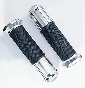 MIZZEO Bike Rubber and Aluminium Handle Grip (Black and Silver) for Hero Glamour (Set of 2)