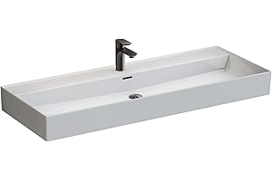 ‎AQUA BAGNO Aqua Bagno | Keramik Waschbecken in Weiß, eckiges Handwaschbecken, moderner Waschtisch für Wandmontage | 121 x 46 cm