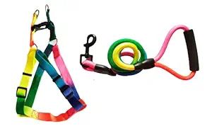 Woofy Rainbow Colour Puppy Harness & Leash Set Adjustable Dog Harness Leash with Heavy Hook (Harness + Leash) (Medium 20 MM)
