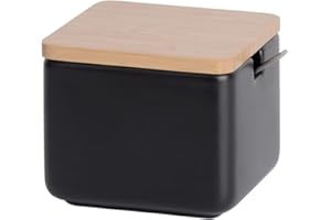 KOOK TIME boite a sucre, Sucrier pour la maison et la cuisine en céramique avec couvercle en bambou et cuillère en acier inoxydable, Couleur: Noir/Bambou