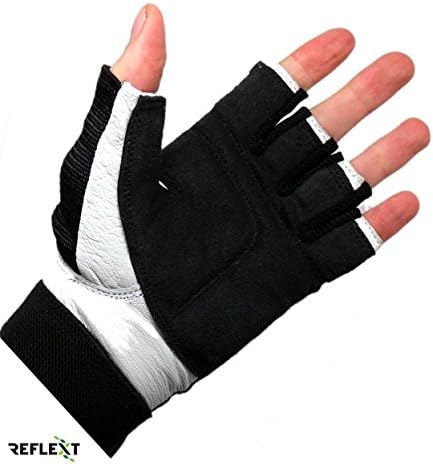 REFLEXT Padded Real Leather Gloves for Weightlifting / Cycling / Rowing / Gym Black/White (Large)