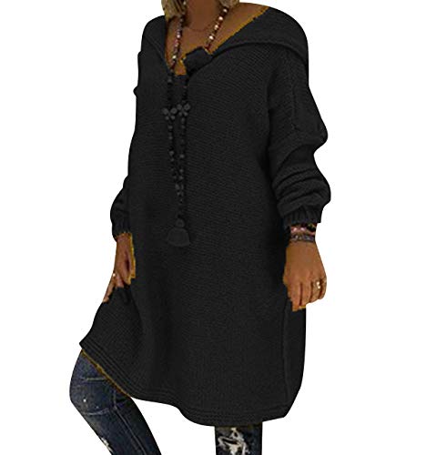 Pull Capuche Femme Long Chaud Robe Pull Grosse Maille à Capuche Femme Large Oversize Pull Tunique Torsadé Manche Longue Ample Hiver Epais Robe Sweat Grosses Mailles Torsadée Pull Droit Loose Noir XL