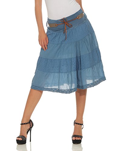 ZARMEXX falda de verano de las mujeres hasta la rodilla falda de la tela de la colmena de algodón con cinturón A-Line (jeans azul, 36-40)