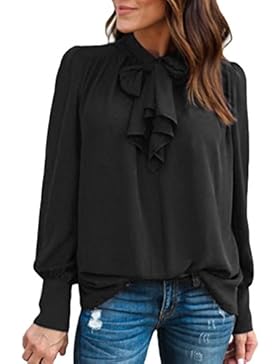 Damen Bluse FORH Casual Chiffon Langarm Bluse Elegant Solide Farbe Rundhals Oberteile Sommer T-Shirt Tops Vintage...