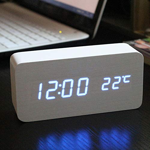 Preisvergleich Produktbild Xiaoqingren Hölzernes Brett führte Wecker + Temperatur-Thermometer-Digital-Tischu... die durch Batterie-USB aktiviert Wird,Weiße Blaue Uhr