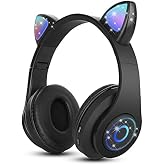 Sendowtek &Ccedil;ocuk Kulaklığı, Bluetooth &Ccedil;ocuk Kulaklığı Kulak &Uuml;st&uuml; Sevimli Kedi ile Kulak Işıması I&ccedil; Mikrofon, Katlanabilir Kabl