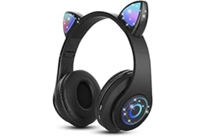 Sendowtek Casque sans Fil pour Enfant avec Microphone Intégré Fonction d'Appel Pliable Écouteurs Casque Bluetooth à Oreilles de Chat LED pour Fille Garçon Adulte Voyage Vacances (Noir)