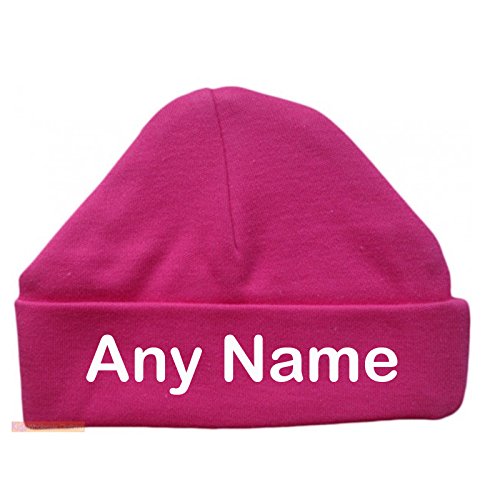 Personalised Newborn Baby Beanie Hat s (HOT PINK) - Soft 100% Cotton headwear New Baby Grow Boy Clothing Girl Cute Mum Dad Mummy Daddy Custom Parent Birth Gift bib Present by Fonfella