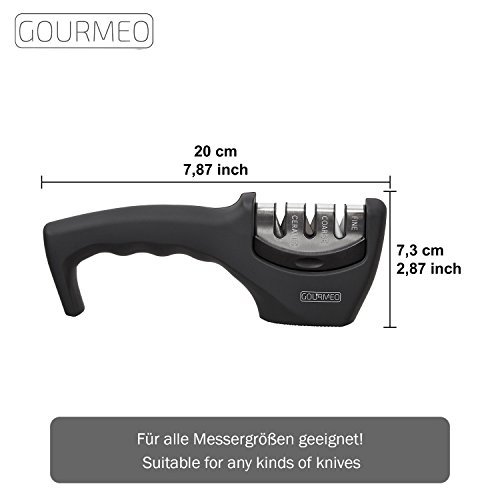 GOURMEO 3-Stufen Profi Messerschärfer für Edelstahl- und Keramik-Messer mit geraden Klingen | für alle Größen, ohne Strom, ergonomisches Design | mit 2 Jahren Zufriedenheitsgarantie | Messer-Schleifer, Knife Sharpener, Scheren-Schleifer, Schleif-System - 3