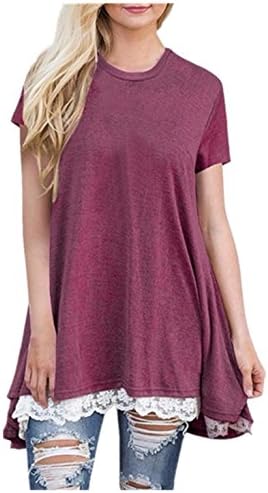 Womens Short Sleeve Tops,Womens Shirts and Blouse,Girl Lace Patchwork Loose Crop Pullover Shirt Blouse T-Shirt For Ladies Moonuy Fashion Casual Spring Autumn Summer Elegant Sexy Jumper (L, Wine Red)