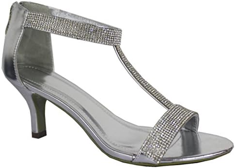 Womens ladies mid low high heel strappy t bar party wedding prom sandals shoes size (UK5 / EU38, SILVER PU)