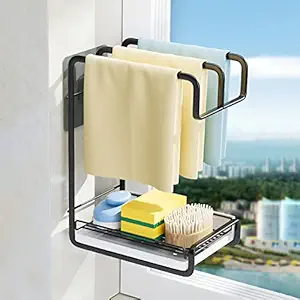 Wolpin Multipurpose 3 in 1 Kitchen Sink Organizer Rack Stand Self Adhesive (for Dishwasher Liquid, Brush, Cloth, Soap, Sponge) Cleaning Brush Storage Basket Waterproof, Water Drain Tray Wash Basin